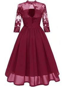 YLDCN Falda Cruzada Vestido Floral De Gasa De Encaje De Malla Bordada para Mujer - Gris - Ver 2