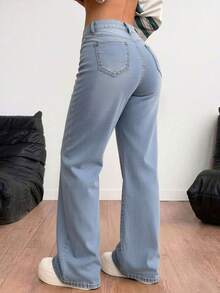Light Blue Washed Straight-Leg Denim Trousers With Rips, Mid-Rise Waist, Elasticated And With An Elegant Drape - Dusty Blue - View 6