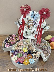 175pcs Morandi Color Block Vintage Hair Accessories Set For Girls, Includes Ribbon Flower/Artificial Butterfly/Rhinestone Satin Flower Hair Clips, Mini Claw Clips, High Elasticity Non-Damaging Hair Ties, Suitable For Daily/Party/Gift Use - Multicolor - View 2