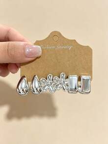 6-18pcs Silver Women's Fashion Earring Set, Including Small Water Drop, Sunflower, Large Ribbed C-Shape, Large Water Drop, Smooth C-Shape Designs, Suitable For Fashion Party, Travel Vacation, Gift Engagement, And Various Occasions. - Silver - View 5
