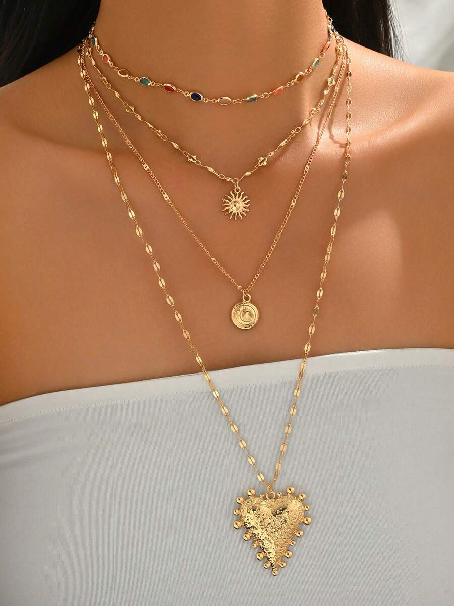 4pcs/Set Fashionable Design Colorful Rhinestone Necklaces, Elegant Versatile Gold Sun Moon Heart Elements Multi-Layer Stacked Necklaces, Popular Women's Neck Jewelry Suitable For Daily Wear And Date Party - Multicolor - View 1