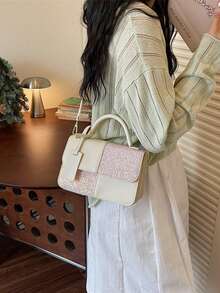 Fashionable Minimalist Premium Sequin Retro Colorblock Women's Handbag With Pendant - Beige - View 3