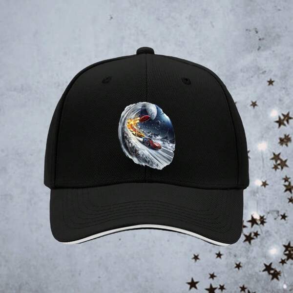 1pc Unisex Fishing Sandwich Baseball Cap - Radix Rocket Lounge Racing Track Print, Adjustable Trucker Hat Outdoor Sports, Parties, Hiking, Beach &, Lightweight Polyester, Black With Colorful Design, Casual Headwear| Sporty Cap|