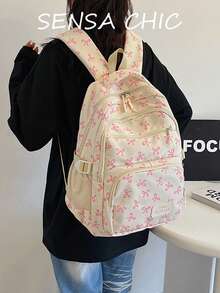 Fashionable Pink Fabric Backpack With Multiple Pockets And Large Capacity, Decorated With Bow Pattern, And Equipped With Adjustable Shoulder Straps. Suitable For Students, Travelers, Office Workers, Teachers, Commuters, Vacationers, Short Trips And Weekend Outings. - Pink - View 2