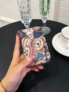 Women's Cartoon Accordion Zipper Card Holder With Bear Embroidery, Multi-Slot Coin & Card Wallet - Black - View 4