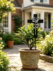 Rose Cross Metal Garden Stake, Black Hollow Rose Iron Plant Marker, Elegant Inspirational Yard Decor, Gentle Memory Remembrance Ornament For Patio Flower Pot, Thoughtful Sympathy Condolence Gift - Rose Cross Flower Vase - View 5