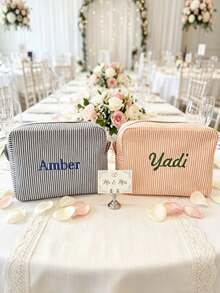 1pc Personalized Embroidered Travel Toiletry Bag/Bridesmaid Gift/Gift For Her/Gift For Mom/Striped Bubble Gauze Makeup Bag/Candy Color Storage Bag/Jewelry Storage Bag - Multicolor - View 4