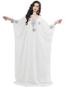 KoC - Vestido largo para mujer, estilo kaftán Farasha, Caftán, tipo kimono - Beis - Ver 8