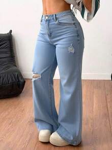 Light Blue Washed Straight-Leg Denim Trousers With Rips, Mid-Rise Waist, Elasticated And With An Elegant Drape - Dusty Blue - View 2