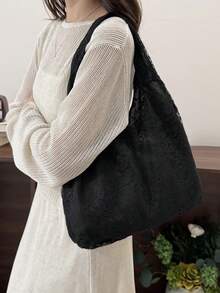 夏季黑色蕾絲女款手提包，大容量休閒女用托特包，適合約會、度假、通勤單肩包 - 黑色 - 查看 10
