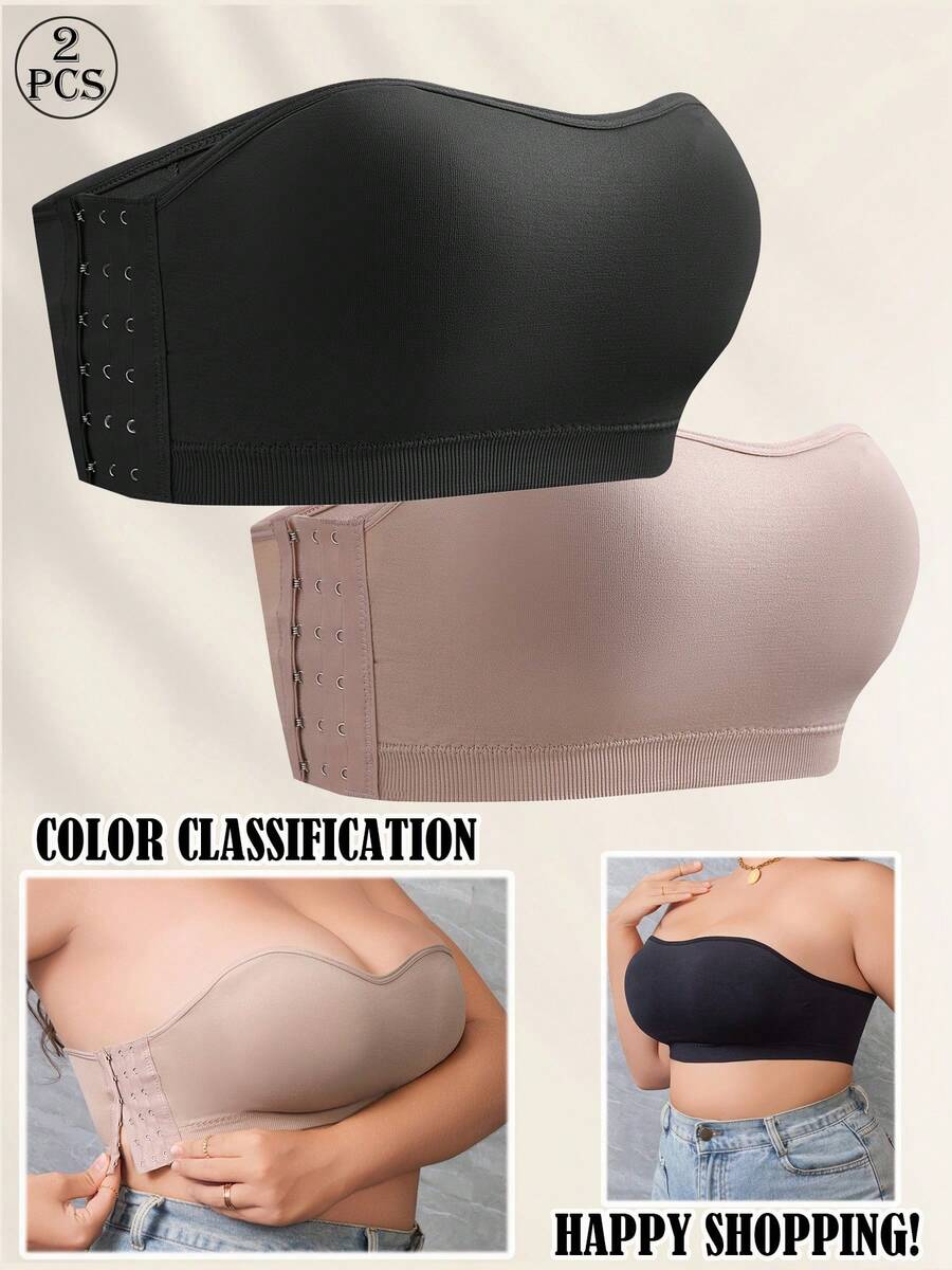2pcs Plus Size Women Strapless Bra, Side Buckle Adjustable Invisible Shoulder Strap Wireless High Elastic Full Coverage Everyday Bra - Multicolor - View 1