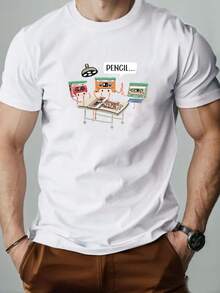 Men's Summer Casual Crew Neck Short Sleeve T-Shirt With Tape Pattern - 白色 - 查看 1
