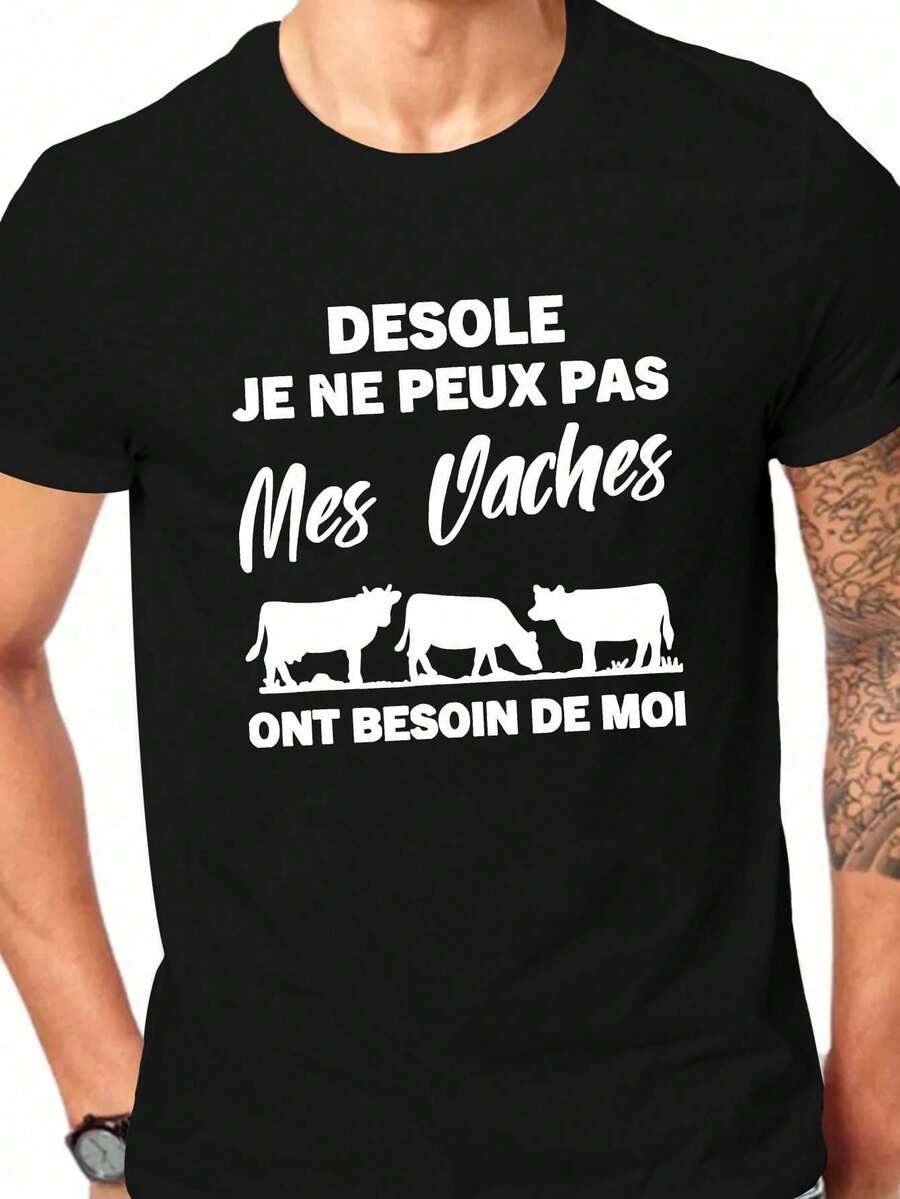Camiseta hombre vaca francesa "mi vaca me necesita", blanca verano ligera transpirable - Negro - Ver 1