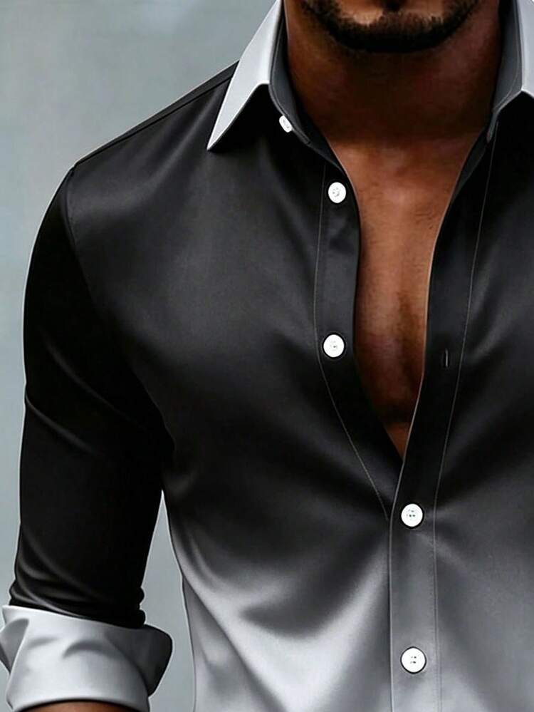 Vintage Casual Gradient Print Men's Plus Size Loose Lightweight Long Sleeve Shirt - Black - View 4