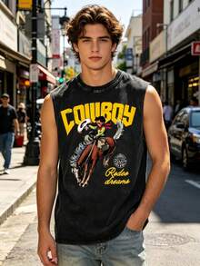 Retro Western Cowboy Sleeveless Vest Washed Cotton Breathable Fabric, Comfortable For Outdoor Wear Unisex American Street Style - 黑色 - 查看 4