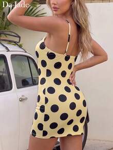 Da Jade Women Y2K Light Yellow Polka Dot Mini Dress Spaghetti Strap V Neck Ruched Bust Bodycon Soft Knit Casual Summer Beach Party Going Out Short Dress - Yellow - View 2