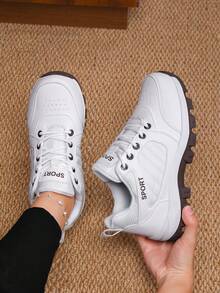 Damen Mode Sportschuhe mit dicker Sohle, atmungsaktive Schnür-Laufschuhe, dicke Sohle Outdoor Freizeitsportschuhe - Weiss - Übersicht 5