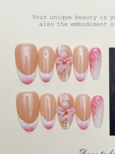 10pcs Handmade Almond-Shaped Acrylic Press-On Nails, Medium Pink French Ombre 3D Flower Mermaid Y2K Summer DIY Fake Nails Nail Stickers, Party Daily Date Beach Vacation Outfit, Women Girls Gift Nail Art Supplies