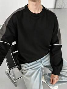 Men Contrast Piping Drop Shoulder Sweatshirt - Black - View 1