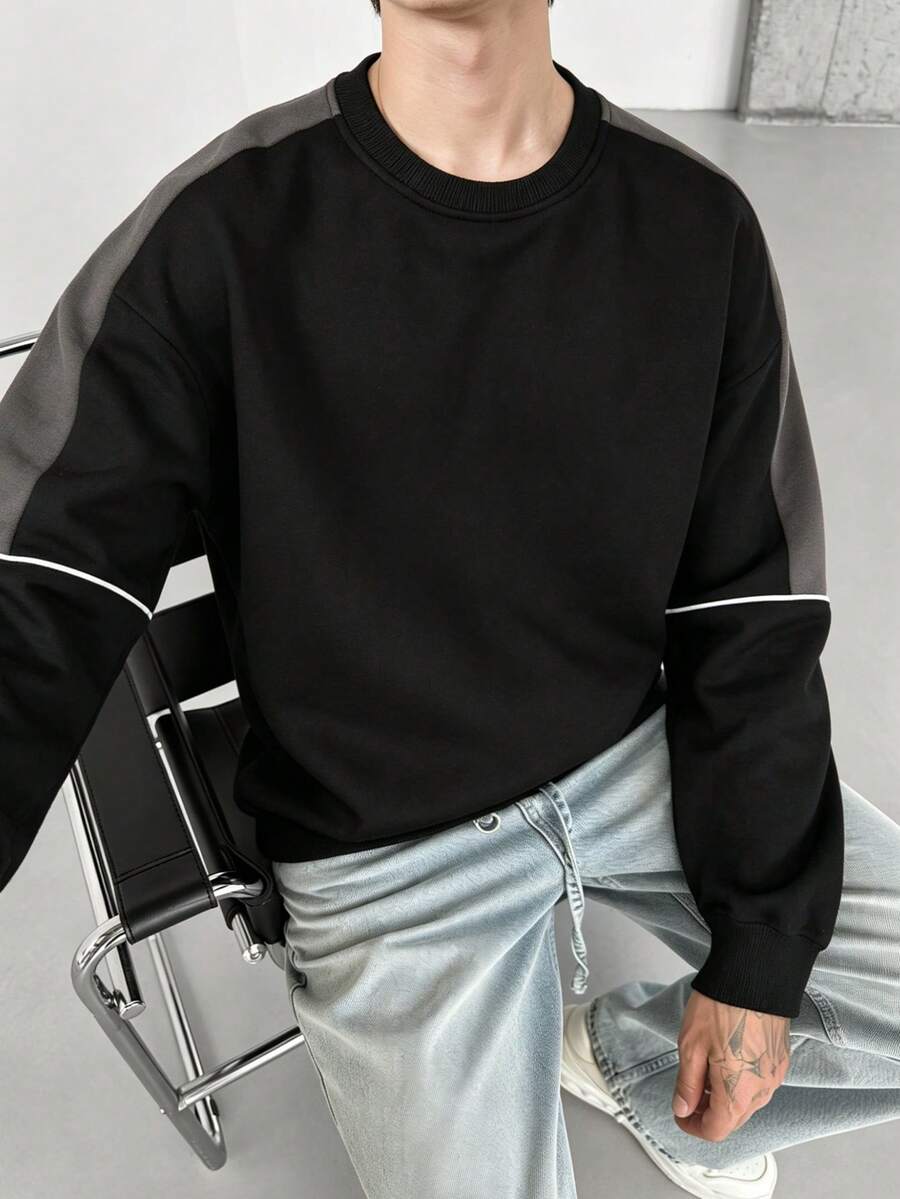 Men Contrast Piping Drop Shoulder Sweatshirt - Black - View 1