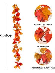 1 pieza Guirnalda artificial de hojas de arce de otoño, planta colgante de otoño de 5.9 pies, decoración de Acción de Gracias, adecuada para boda interior/exterior, fiesta, hogar, chimenea, Halloween, decoración navideña - Naranja otoñal - Ver 7