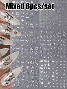 6pcs Mixed 3D Bronzing Silvery English Letters Nail Art Stickers Metallic Silvery Gothic Alphabet Artistic Letter Nail Decal Self-Adhesive Retro Silvery Letter Manicure Slider - Silver - View 2
