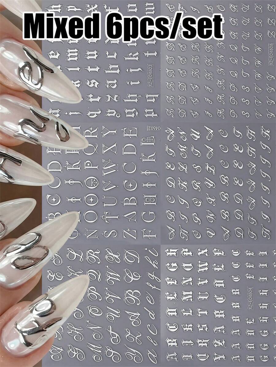 6pcs Mixed 3D Bronzing Silvery English Letters Nail Art Stickers Metallic Silvery Gothic Alphabet Artistic Letter Nail Decal Self-Adhesive Retro Silvery Letter Manicure Slider