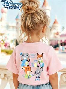 Official Disney Licensed Tween Girls 4-12 Soft Cotton Graphic Tees Zootopia Judy Nick Stylish Relaxed Fit Summer Outfits New Arrival Express Delivery - 粉色 - 查看 3