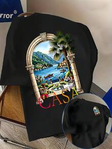 Men's Casual T-Shirt With Lake Como Landscape Print, Italy, Versatile And Stylish Short Sleeve, New Men's T-Shirt, Modern Outfit With A Unique And Niche Design, E - 黑色 - 查看 1