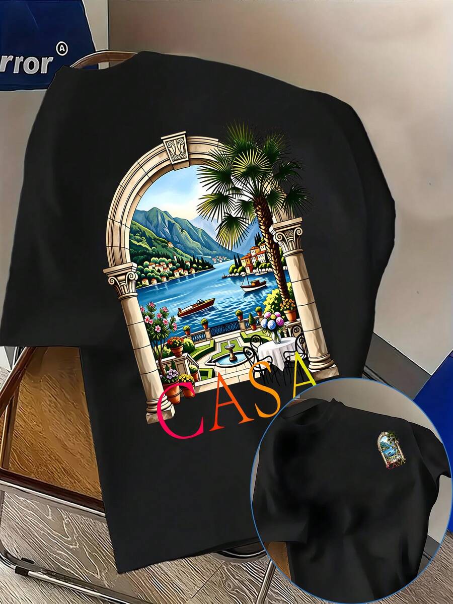 Men's Casual T-Shirt With Lake Como Landscape Print, Italy, Versatile And Stylish Short Sleeve, New Men's T-Shirt, Modern Outfit With A Unique And Niche Design, E - 黑色 - 查看 1