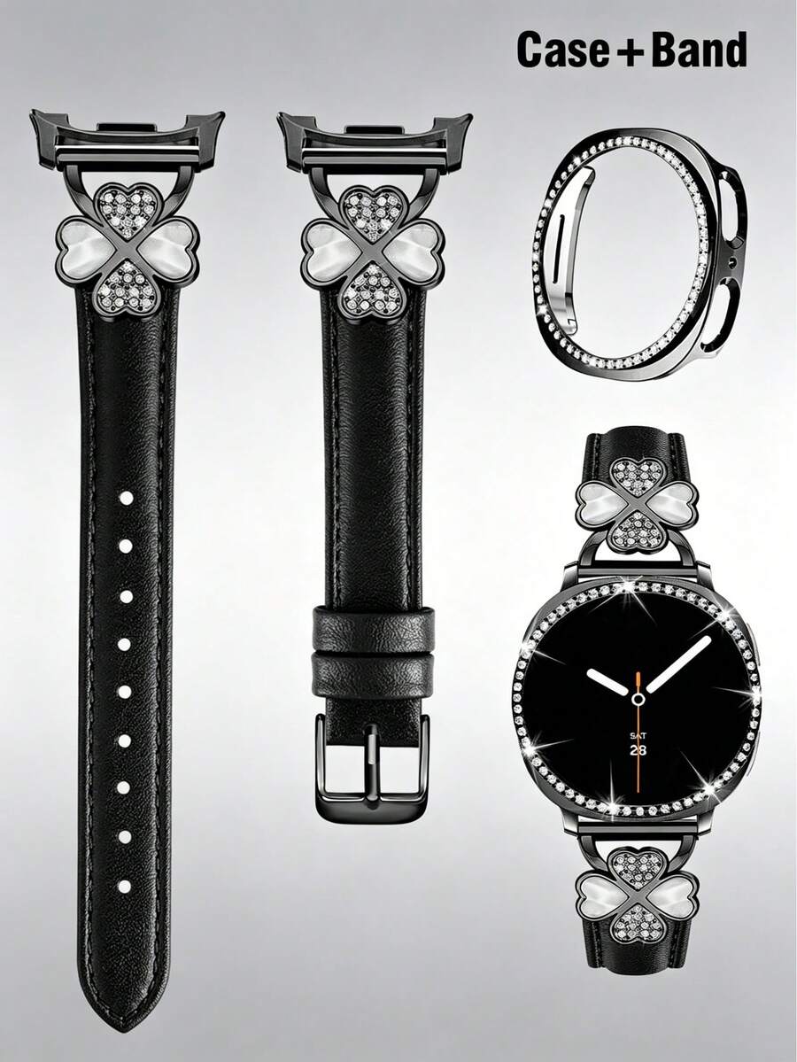 Galaxy Watch 8 錶帶 + 錶殼，1 條男士優雅金屬錶帶鑲嵌立方鋯石 + 1 個鑲嵌立方鋯石錶殼（不含螢幕保護貼），適用於 Galaxy Watch 8 40mm 與 44mm，可調節替換錶帶配件，適合男士與女士運動手錶錶帶