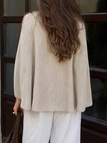 Plus Size Women's Fashion Vacation Knit Top With Slit Cuffs And Round Neck, Versatile - Beige - View 5