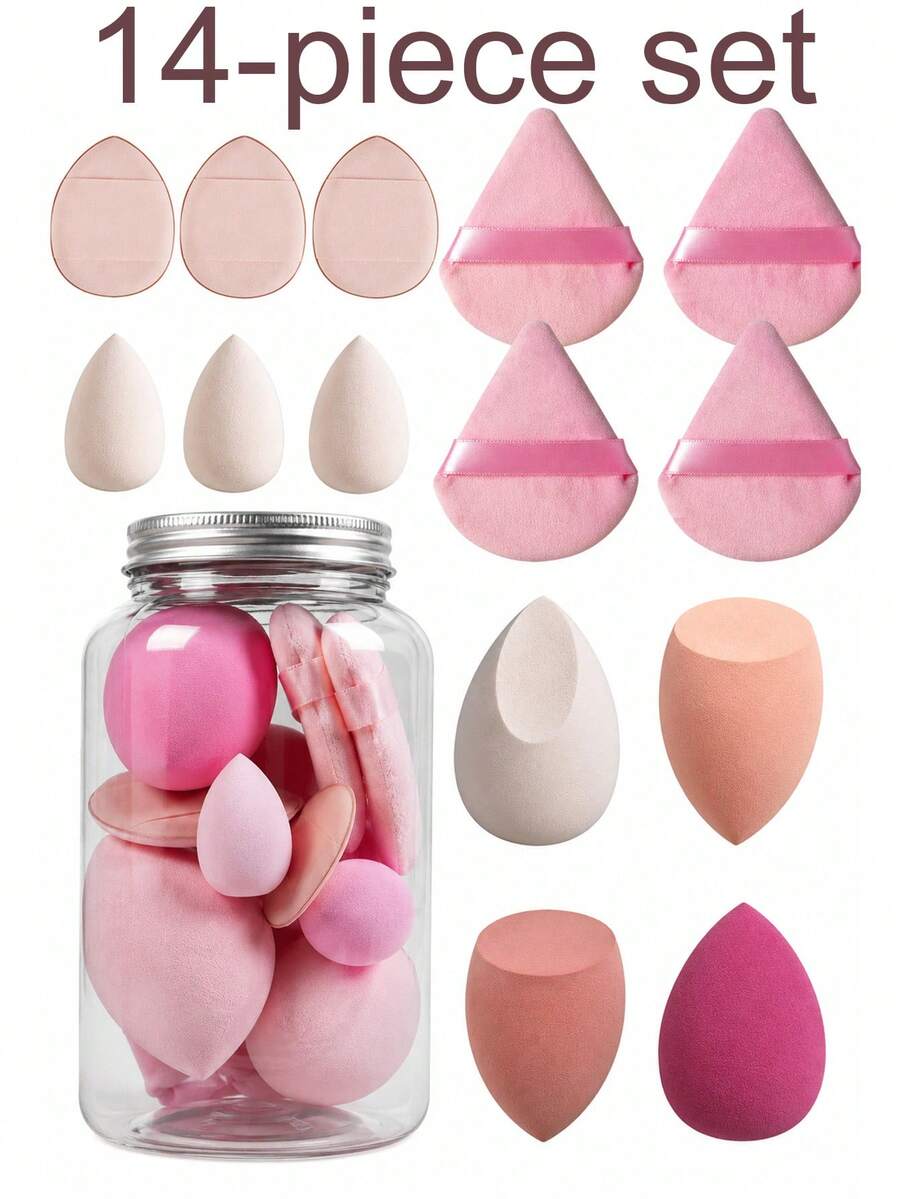 14/1 pieza Esponja de maquillaje multiusos, uso en húmedo y seco, esponja de maquillaje reutilizable, borla de maquillaje, set de herramientas de maquillaje facial, borla redonda para polvo fijador, pequeña herramienta de maquillaje, borla para rubor, borla para cojín, borla para polvo suelto, esponja de belleza, adecuada para base, polvo, loción, etc.