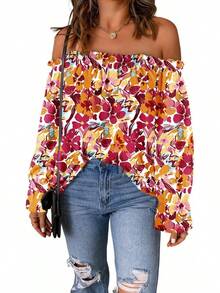Spriolim - Blusa de gasa de manga larga con volantes y hombros descubiertos para mujer - 32 Azul Floral - Ver 8