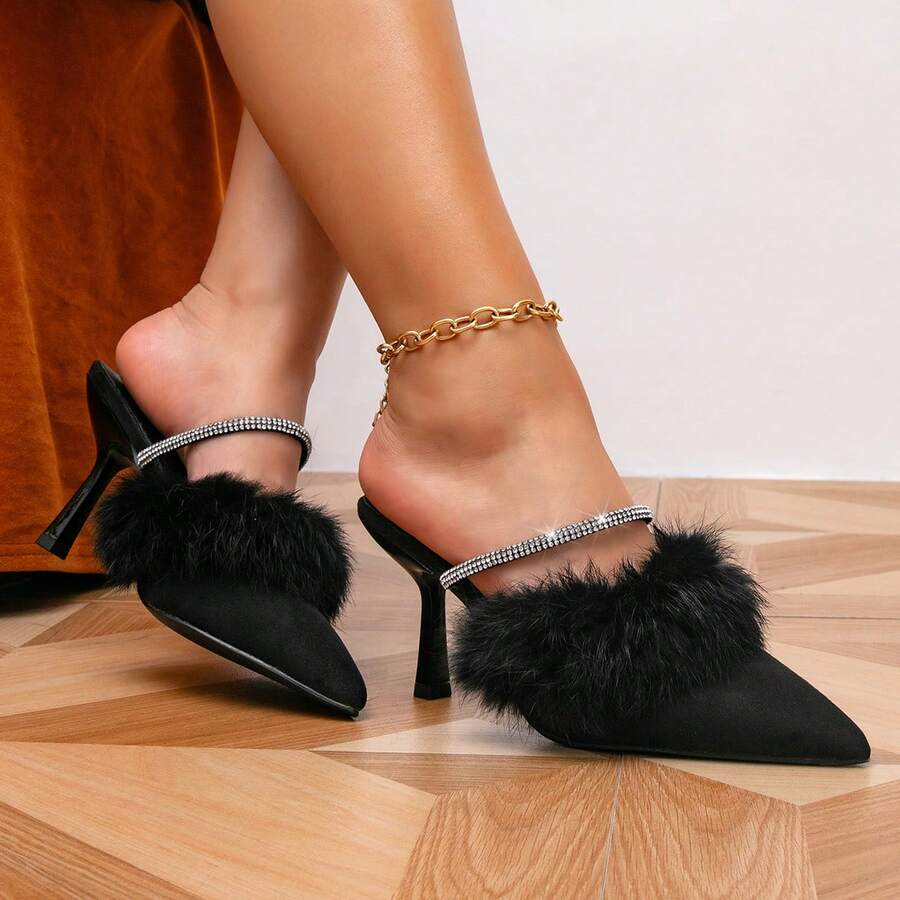 Tacones altos elegantes y de moda con decoración de terciopelo fino y strass - Negro - Ver 1