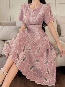 Vestido de verano de media longitud con cuello redondo, mangas de pétalo y encaje floral elegante para mujer - Albaricoque 2 - Ver 15