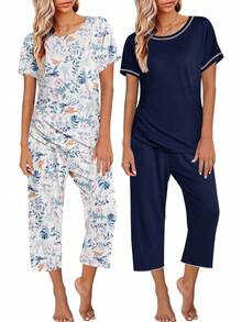 Conjunto de Pijama Capri para Mujer , Ropa de Dormir de Manga Corta, 2 Piezas, Cuello Redondo, Pijama Suave con Bolsillos - Flores marrones, negro - Ver 8