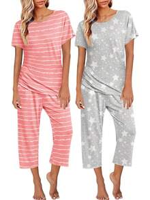 Conjunto de Pijama Capri para Mujer , Ropa de Dormir de Manga Corta, 2 Piezas, Cuello Redondo, Pijama Suave con Bolsillos - Flores marrones, negro - Ver 16