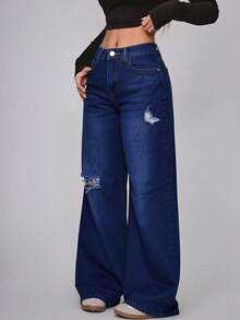 Jeans Rectos de Mezclilla Azul  Lavado con Roturas - Azul lavado oscuro - Ver 4