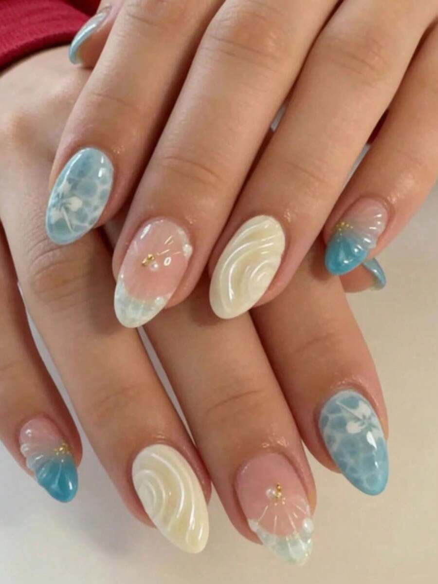 30片/組 Y2K 夏季彩色海洋短杏仁形穿戴甲,藍色漸層海洋波浪圖案搭配3D浮雕金珠裝飾,適合女孩與女性日常佩戴,夏季海灘必備 - 彩色 - 查看 1