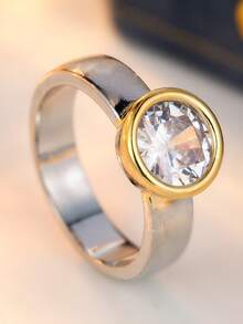Gmzalx Round Synthetic Cubic Zirconia Wedding Ring, Simple Two-Tone Jewelry Gift For Women - Two-color - View 6