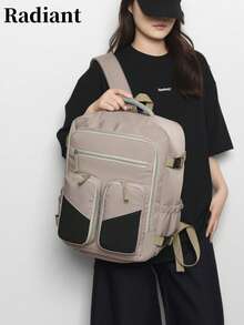 Women's Colorblock Nylon Multi-Pocket Casual Backpack, Suitable For School, Travel, Work (Back To School Backpack) - Khaki - View 7