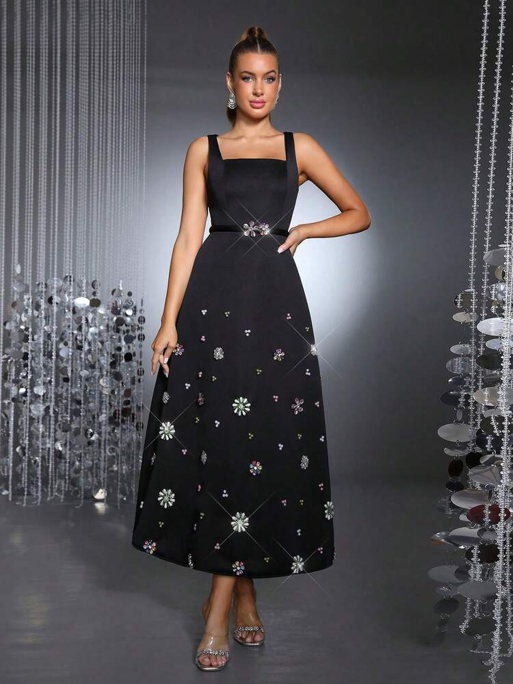 New Elegant Women's Wide Strap Sleeveless A-Line Pleated Loose Waist Colorful Pearl Rhinestone Floral Maxi Dress, Party Evening Gown - Black - View 5