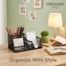 1pc Iron Art 3-4 Compartment Pen Holder, Pen Holder & File Rack 2-In-1, Office Desk Stationery Organizer, Student Desktop Storage Box - Multicolor - View 7