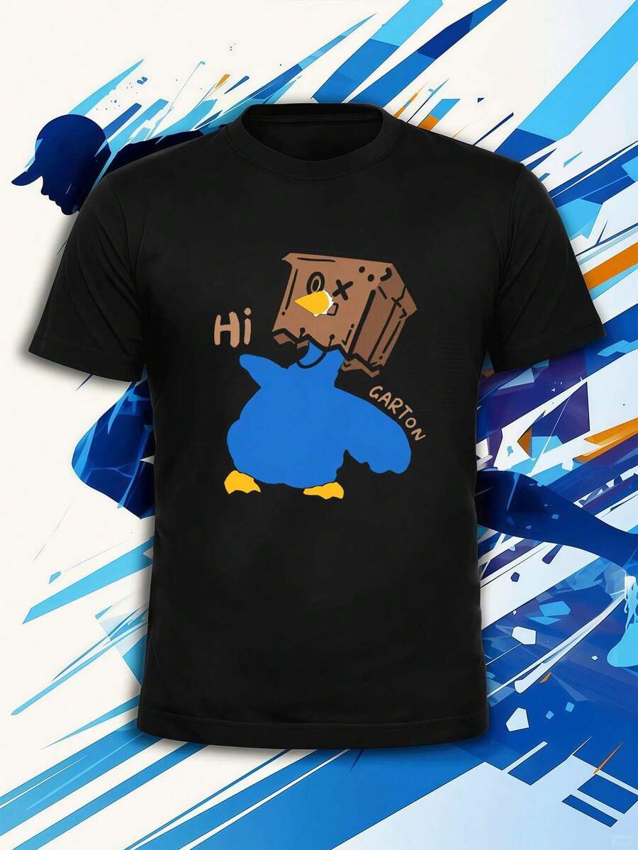 T-shirt hom me à imprimé pingouin cartoon amusant, en coton de haute qualité, décontracté, confortable, durable, avec un imprimé de qualité. - Noir - Voir 1