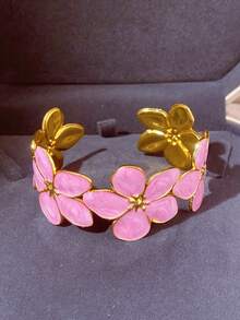 4pcs/1pc Women's Pink Enamel Flower & Clover Bracelet Set, Luxury Gold Tone Stackable Bracelets, Rhinestone Bohemian Style Jewelry Gift - Pink - View 4