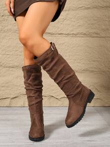 Autumn/Winter New Fashion Classic Round Toe Metal Buckle Chunky Heel High Shaft Slouch Boots - Brown - View 5