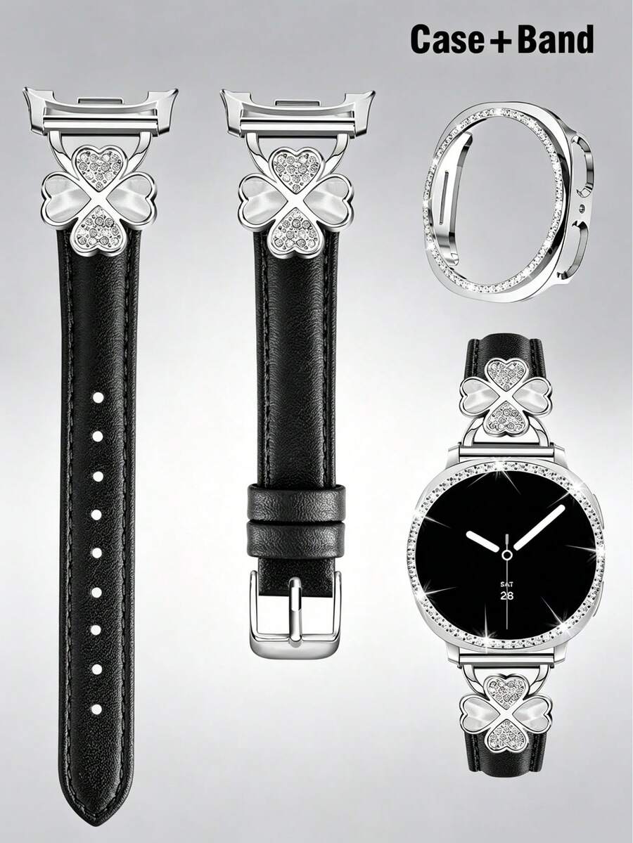 Galaxy Watch 8 錶帶 + 錶殼，1 條銀色男女通用優雅金屬錶帶鑲嵌立方鋯石 + 1 個鑲嵌立方鋯石錶殼（不含螢幕保護貼），適用 Galaxy Watch 8 40mm 與 44mm 手錶，可調節替換錶帶配件，適合男女運動手錶錶帶