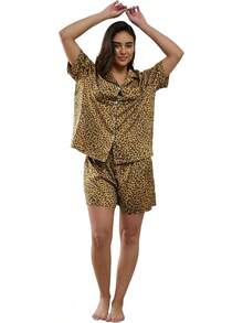 YiNi LuLu - Conjunto de pijama de satén de seda para mujer, 2 piezas, pijama de manga corta, de gran tamaño, con bolsillos - frasco de perfume - Ver 33