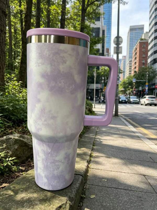 Copo Térmico 1200ml com Alça Grande e Tampa, Garrafa Térmica de Aço Inoxidável 304, Copo de Viagem para Água, Café e Bebidas Geladas, Estilo Marmorizado